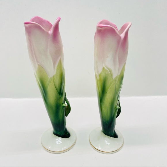 Vintage 2 Lefton Hand Painted Pink & Green Bud Vases Japan Tiny Crazing on Base - Picture 3 of 10